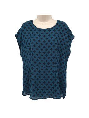 Cabi Blue & Navy Back Slit Sheer Overlay Top Geometric Pattern Size M